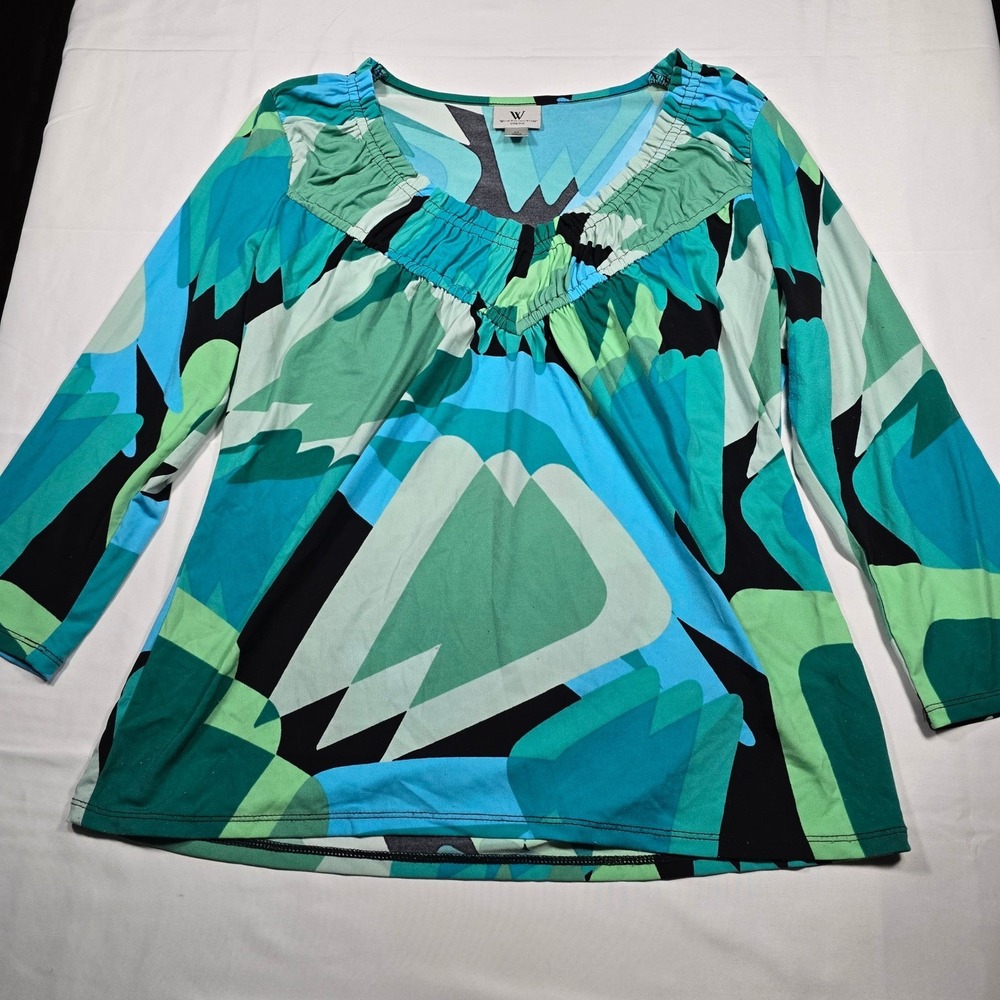 Worthington Women's M Teal Abstract Blouse Career Office Quiet Luxury